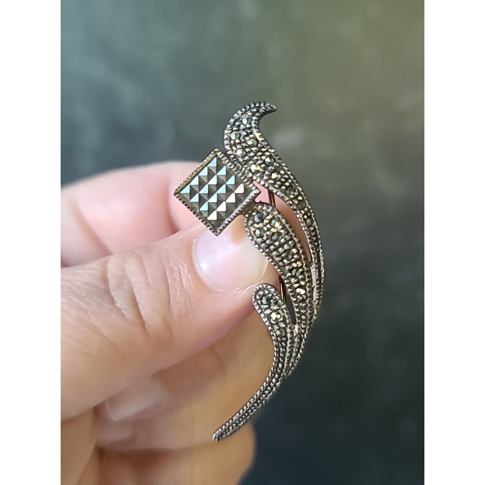 925 Sterling Silver Marcasite Floral Shaped Brooch Vintage